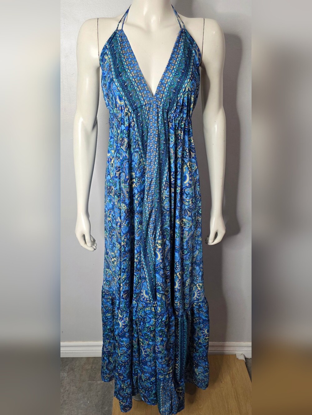 Silk Halter Maxi Dress - Women's Blue Paisley Sundress